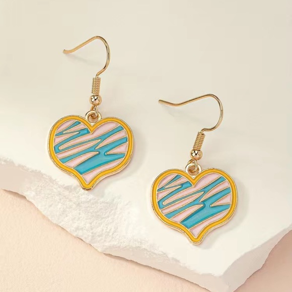 Funky Scribble Zig Zag Heart Earrings Drop Dangle Pink Blue Gold - Picture 5 of 6